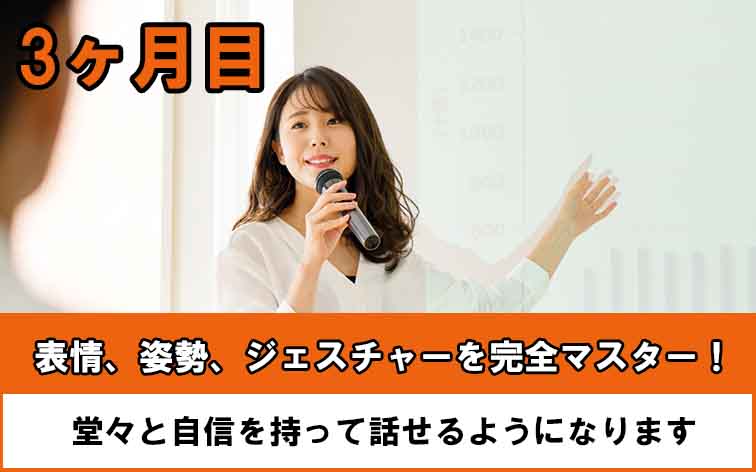 三ヶ月目は表情、姿勢、ジェスチャーのトレーニング。堂々と自信を持って話せるようになります。